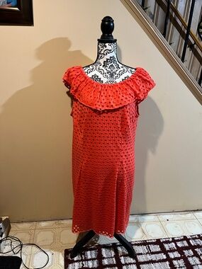 dressbarn Red Eyelet Midi Dress with Ruffle Neck